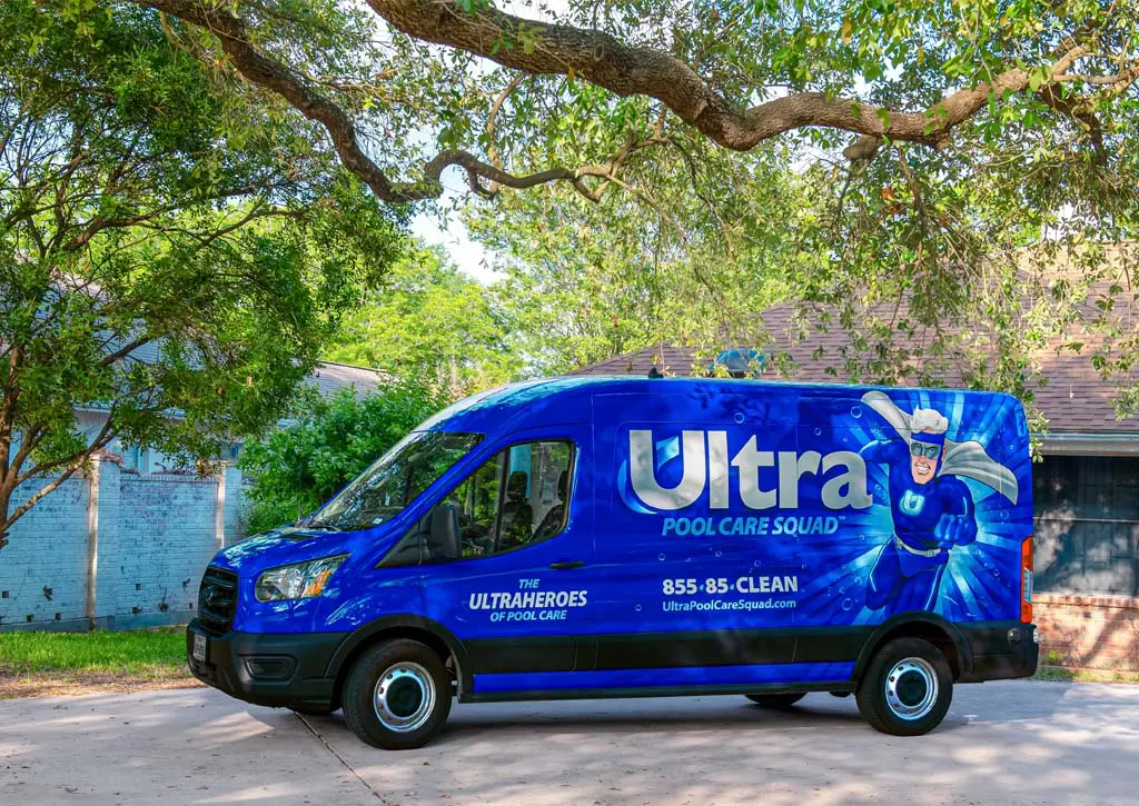 Ultra Pool Care Squad van parked during a pool cleaning service near you